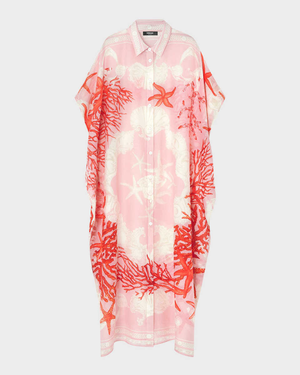 Coral Printed Cotton Silk Voile Maxi Shirtdress Coverup