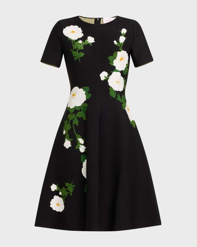 Floral Intarsia Jacquard Midi Flare Dress