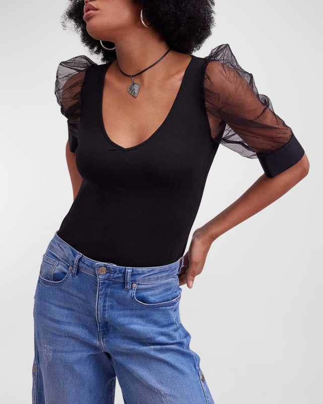 Aerial Sheer Puff-Sleeve V-Neck T-Shirt