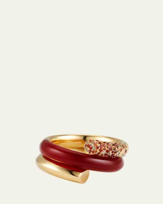 Oera Fairmined 18K Yellow Gold Carnelian, Sapphire and Brown Diamond 3 Band Ring