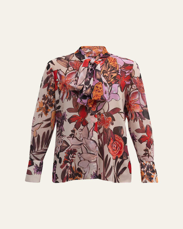 Luna Floral-Print Tie-Neck Blous