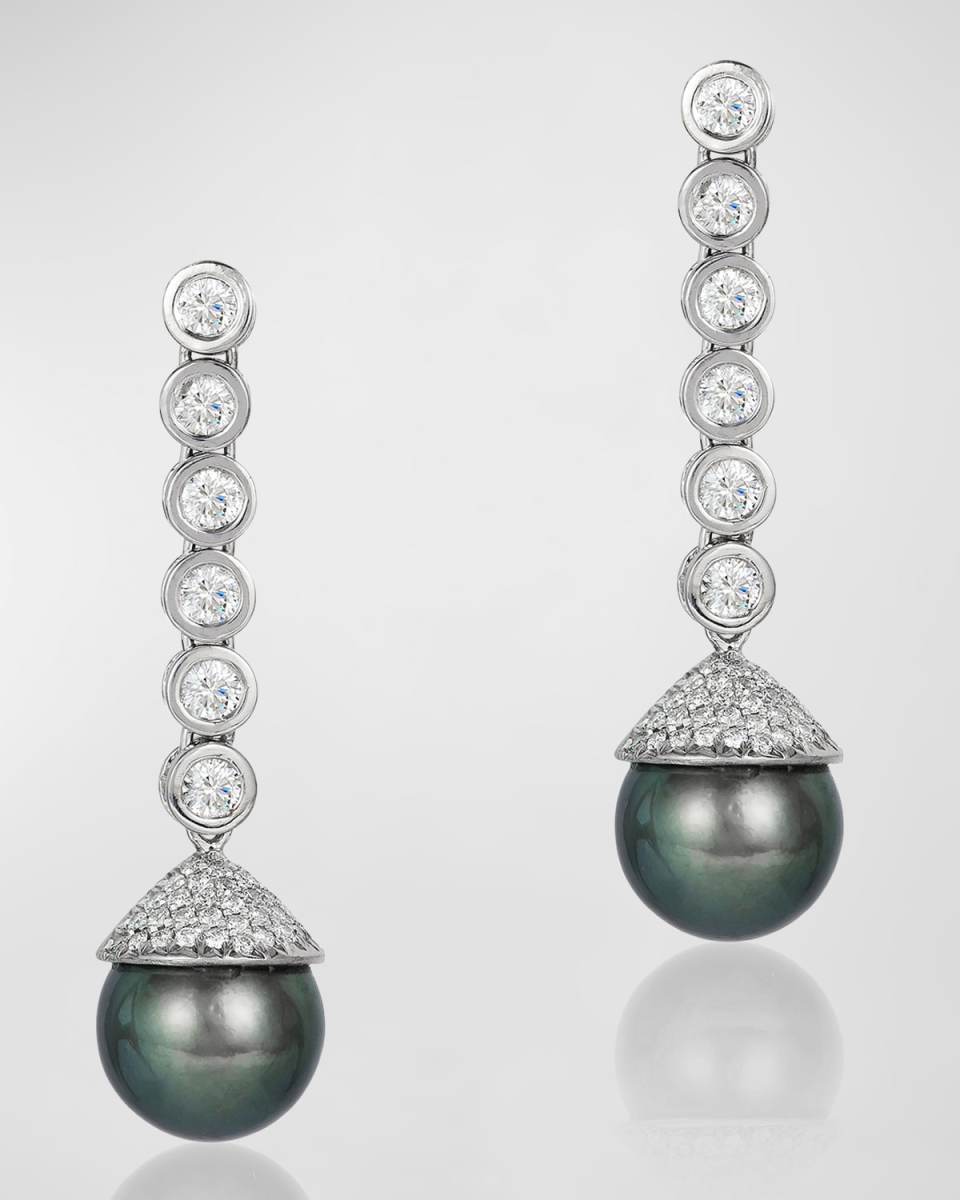 18K White Gold Tahitian Pearl Drop Earrings with Diamonds
