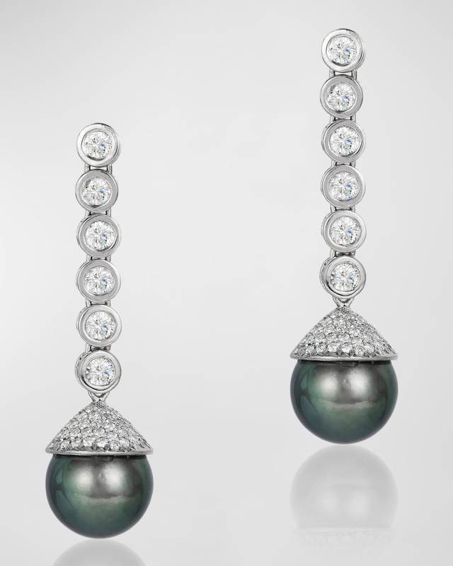 18K White Gold Tahitian Pearl Drop Earrings with Diamonds