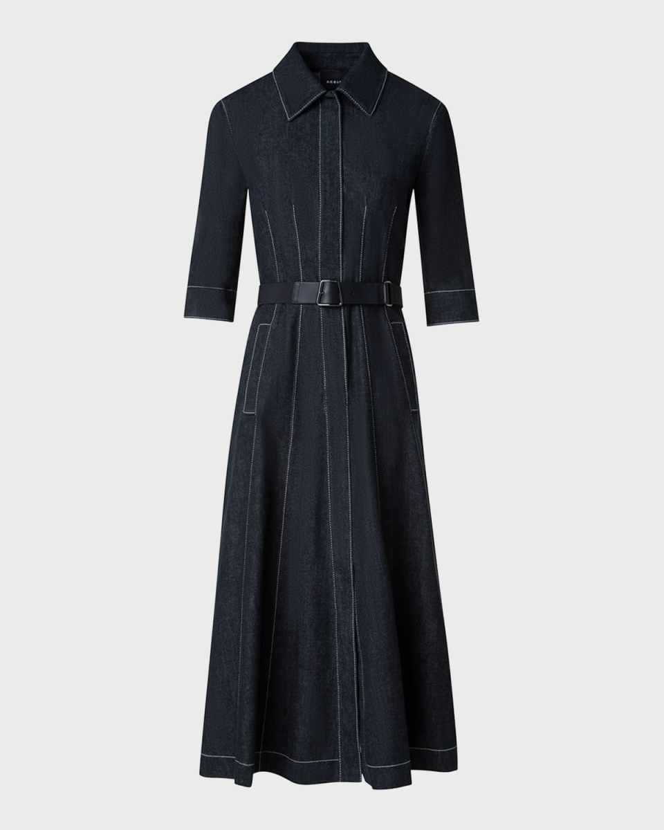 Belted Cotton Denim Midi Dress with Contrast Stitching