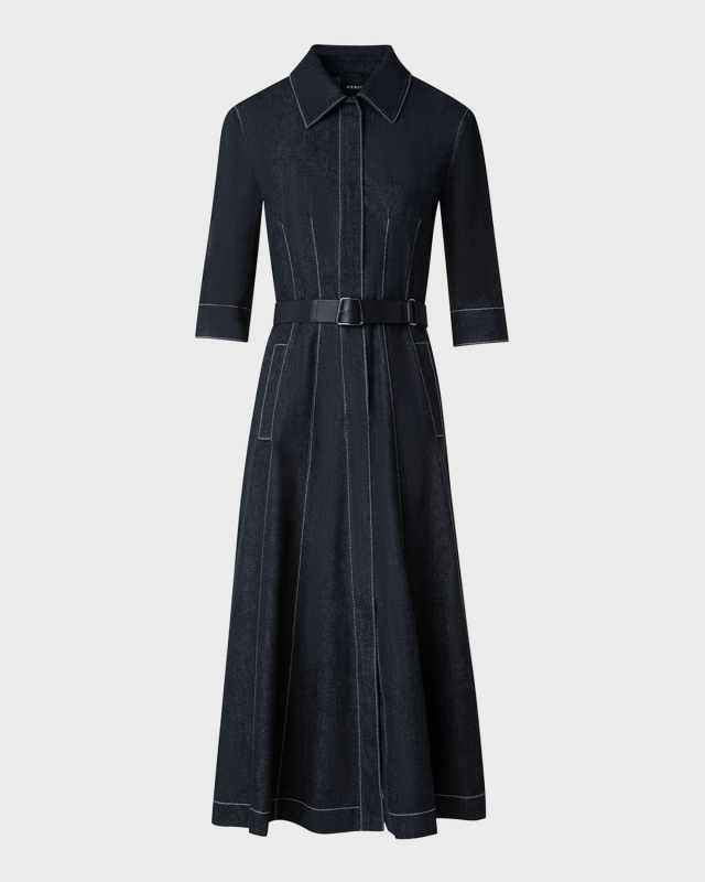 Belted Cotton Denim Midi Dress with Contrast Stitching