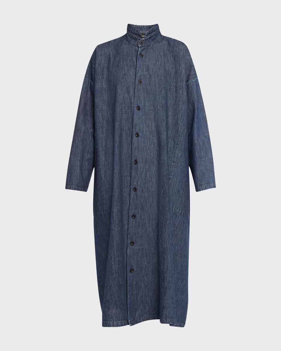 Wide A-Line Denim Shirtdress with Double Stand Collar