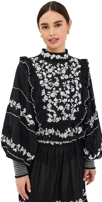 FARM Rio Black Embroidered Ruffle Longe Sleeve Blouse Black