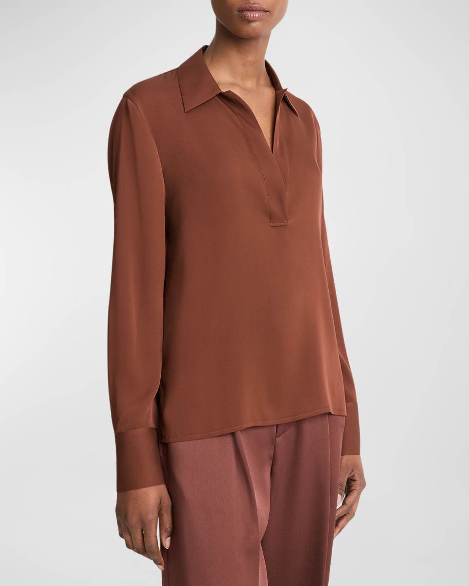 Long-Sleeve Silk Pullover Polo Top