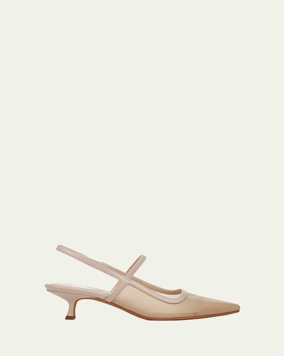 Mesh Leather Kitten Slingback Pumps
