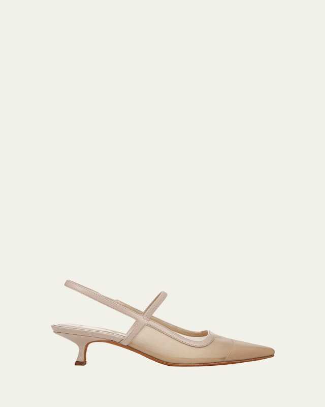 Mesh Leather Kitten Slingback Pumps