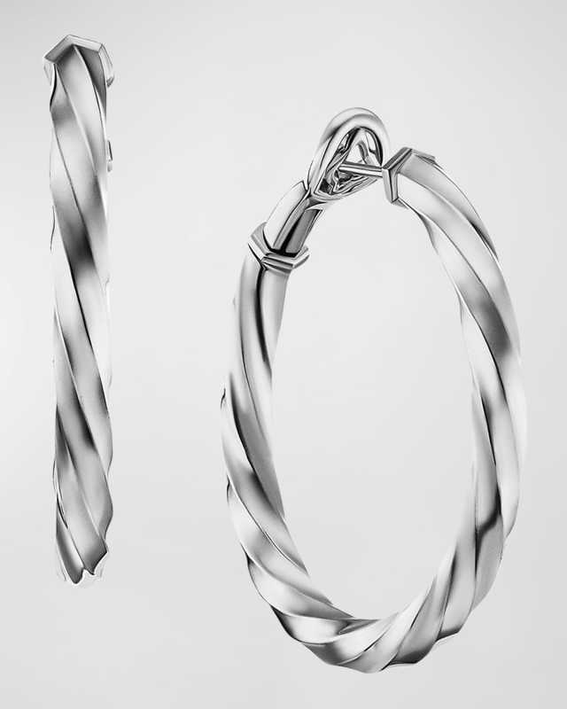 Cable Edge Hoop Earrings in Silver, 4mm, 1.5"