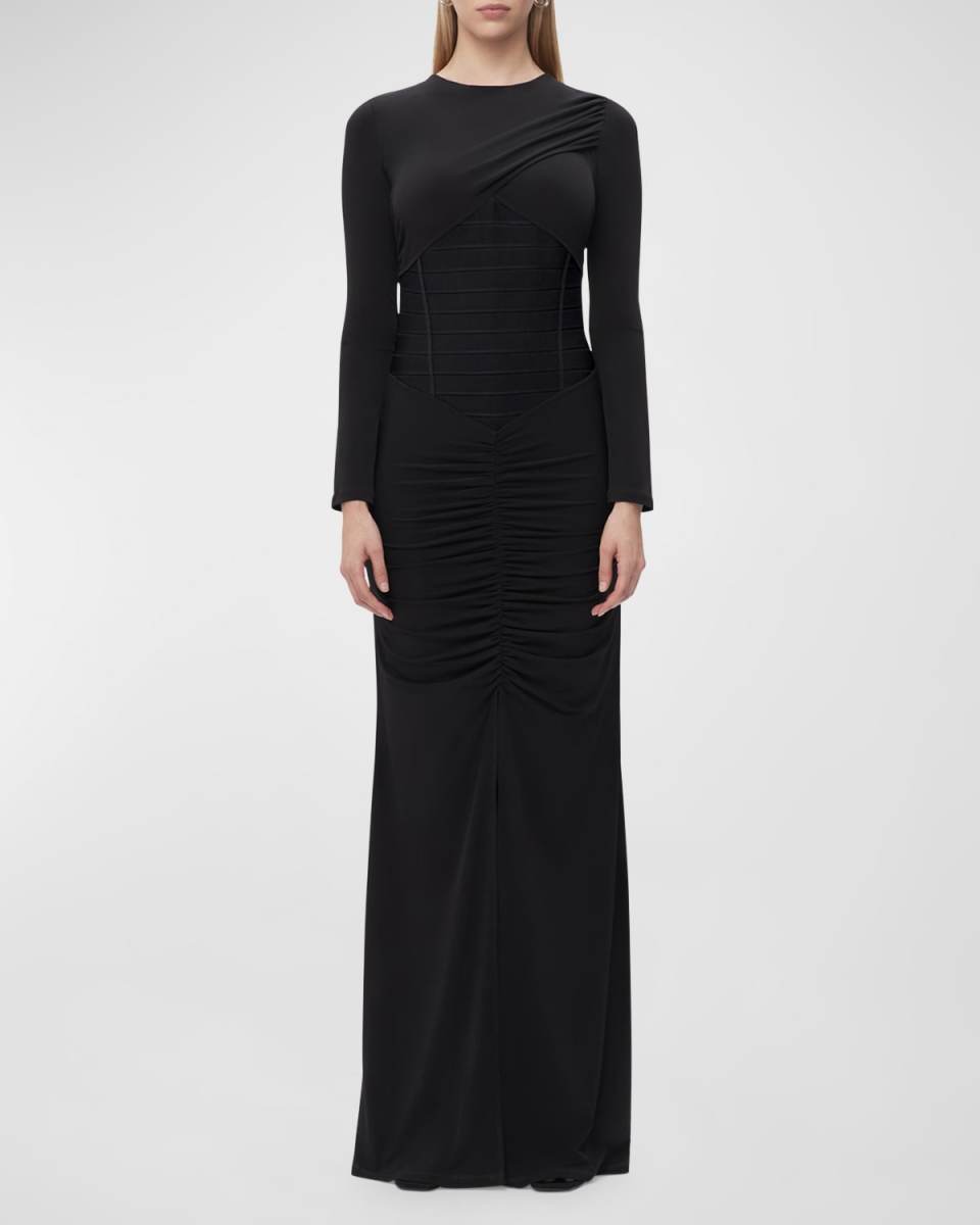 Roxana Long-Sleeve Ruched Slit Gown