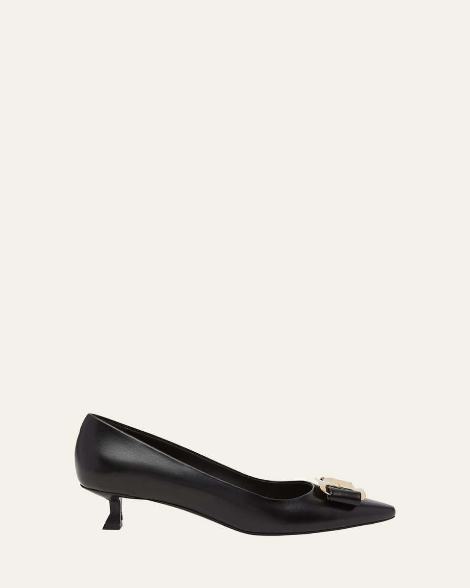 Zelma Leather Bow Kitten-Heel Pumps