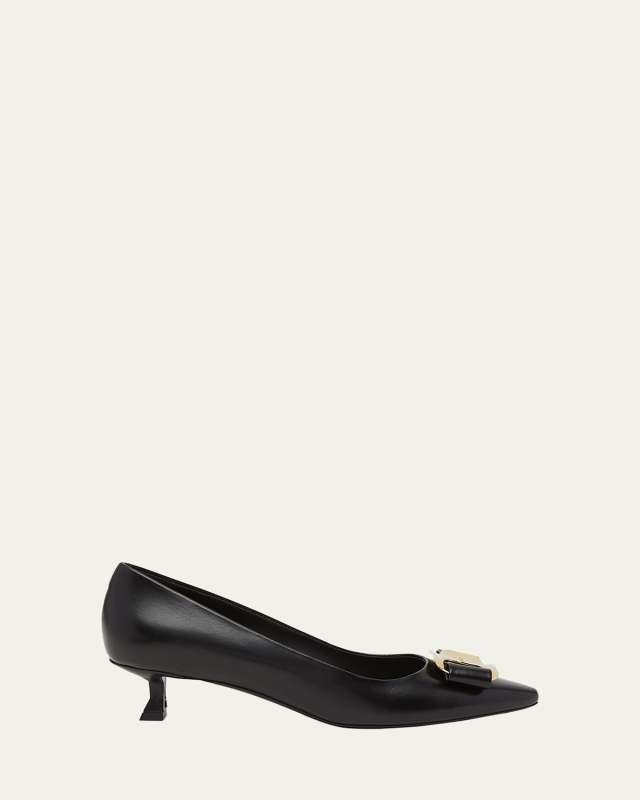 Zelma Leather Bow Kitten-Heel Pumps