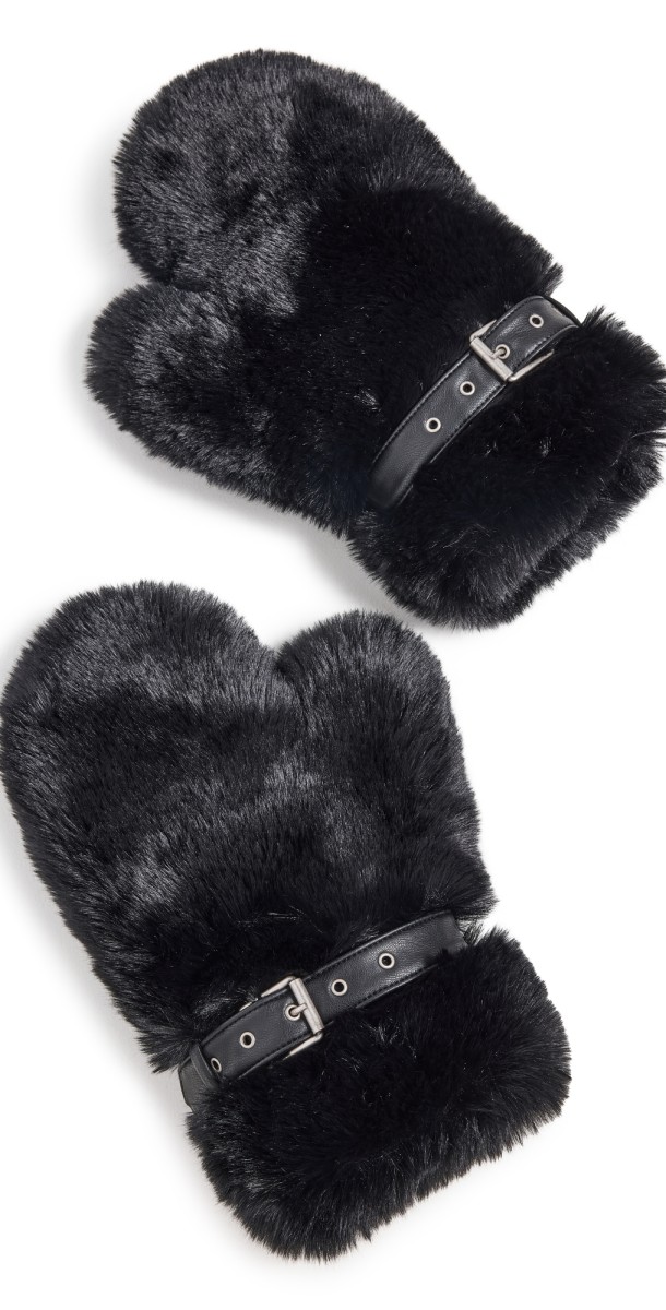 Acne Studios Fluffy Faux Fur Buckle Mittens Black