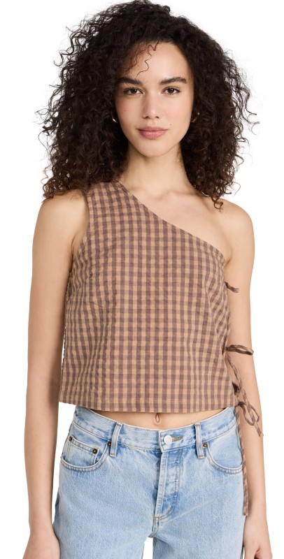 Still Here Amelia Top in Pecan Gingham Pecan Gingham