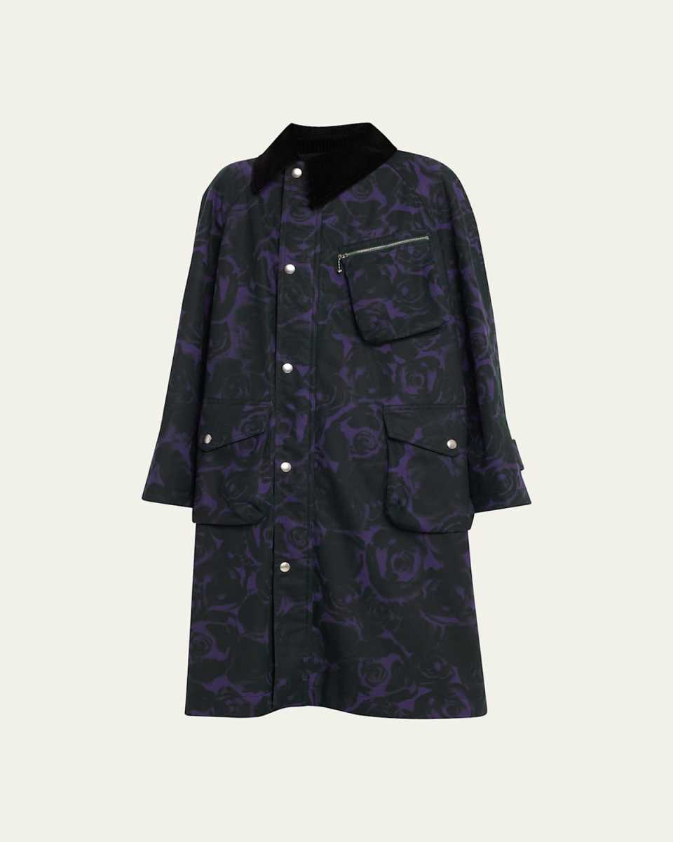 Rose-Print Waxed Cotton Oversized Car Coat