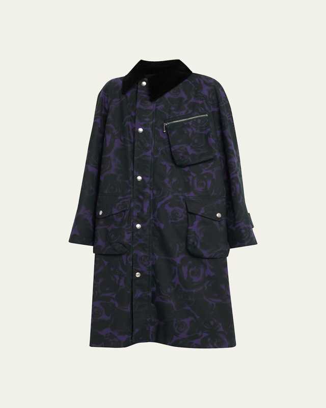Rose-Print Waxed Cotton Oversized Car Coat
