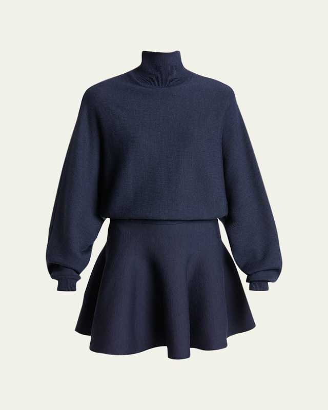 High-Neck Bat-Sleeve Flared Mini Dress