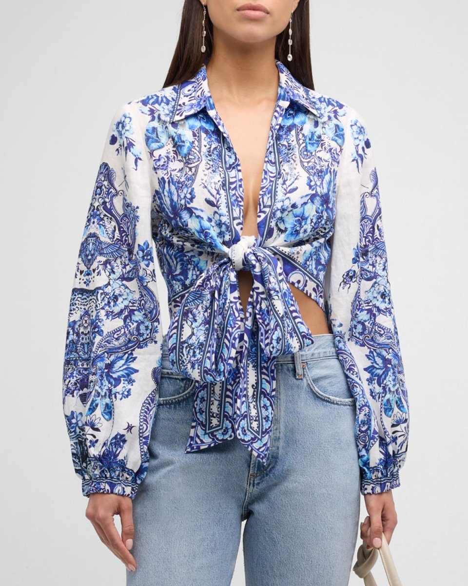 Cropped Broderie Yoke Linen Wrap Shirt