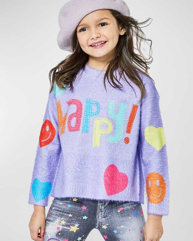 Girl's Happy Sweater W/ Multicolor Patches, Size 4-14