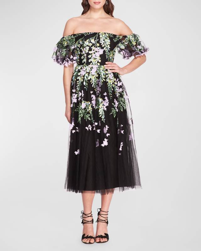Off-Shoulder Embroidered Tulle Midi Dress