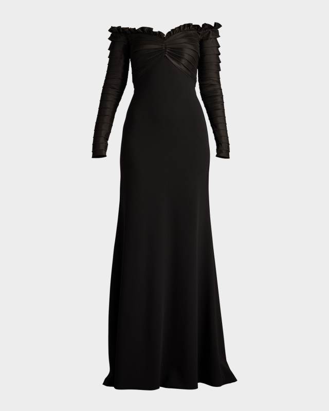 Off-Shoulder Pleated Taffeta and Crepe Gown
