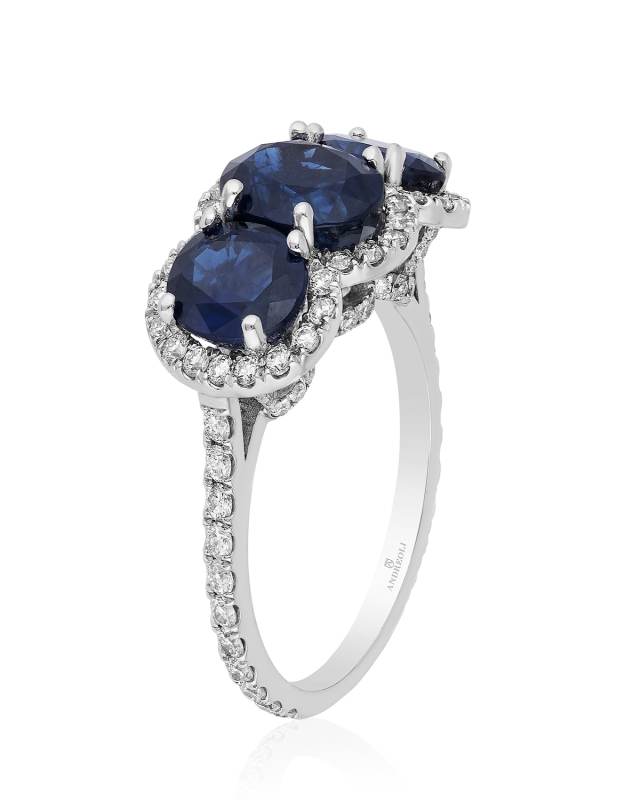 18K White Gold Diamond and Sapphire 3 Stone Ring, Size 6.5