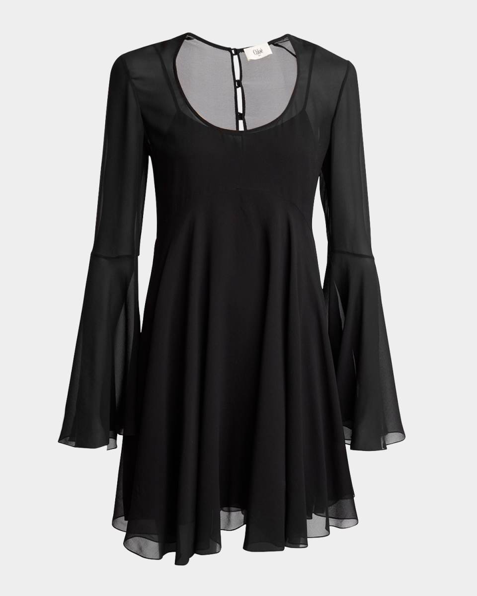 Bell Sleeve Silk Georgette Mini Dress