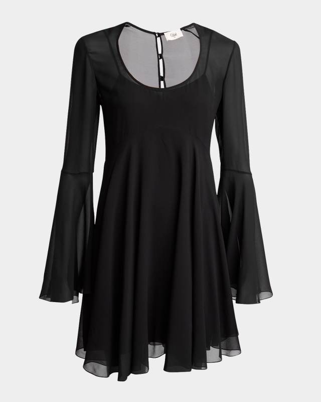 Bell Sleeve Silk Georgette Mini Dress