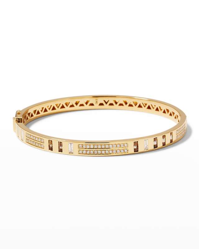 18k Yellow Gold Baguette and Pave Diamond Bangle with Topaz