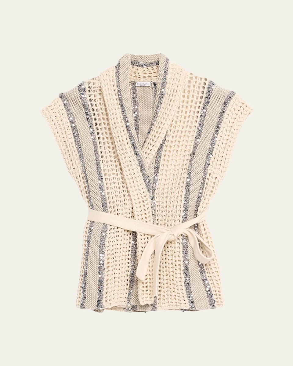 Open-Knit Long Net Cardigan with Paillette Detail