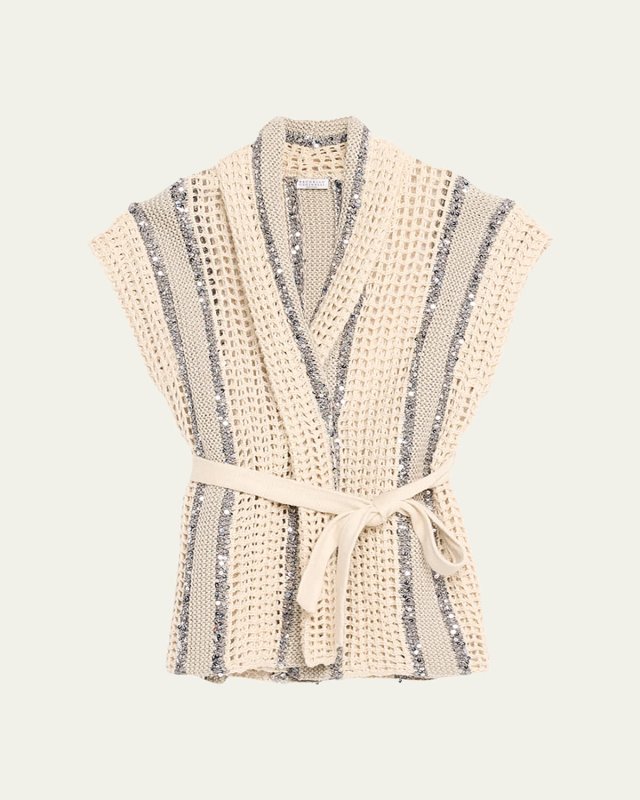 Open-Knit Long Net Cardigan with Paillette Detail