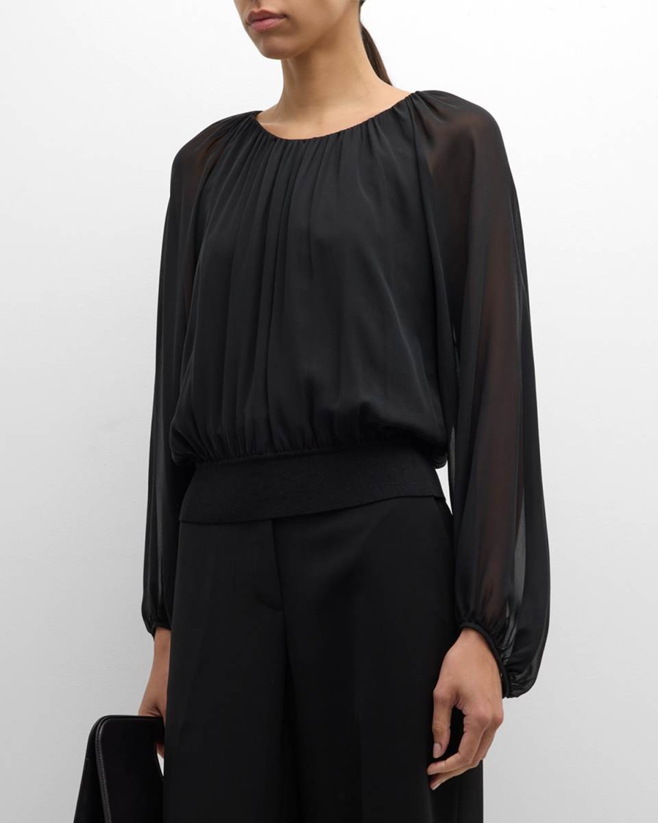 Ruched Balloon-Sleeve Silk Georgette Blouse