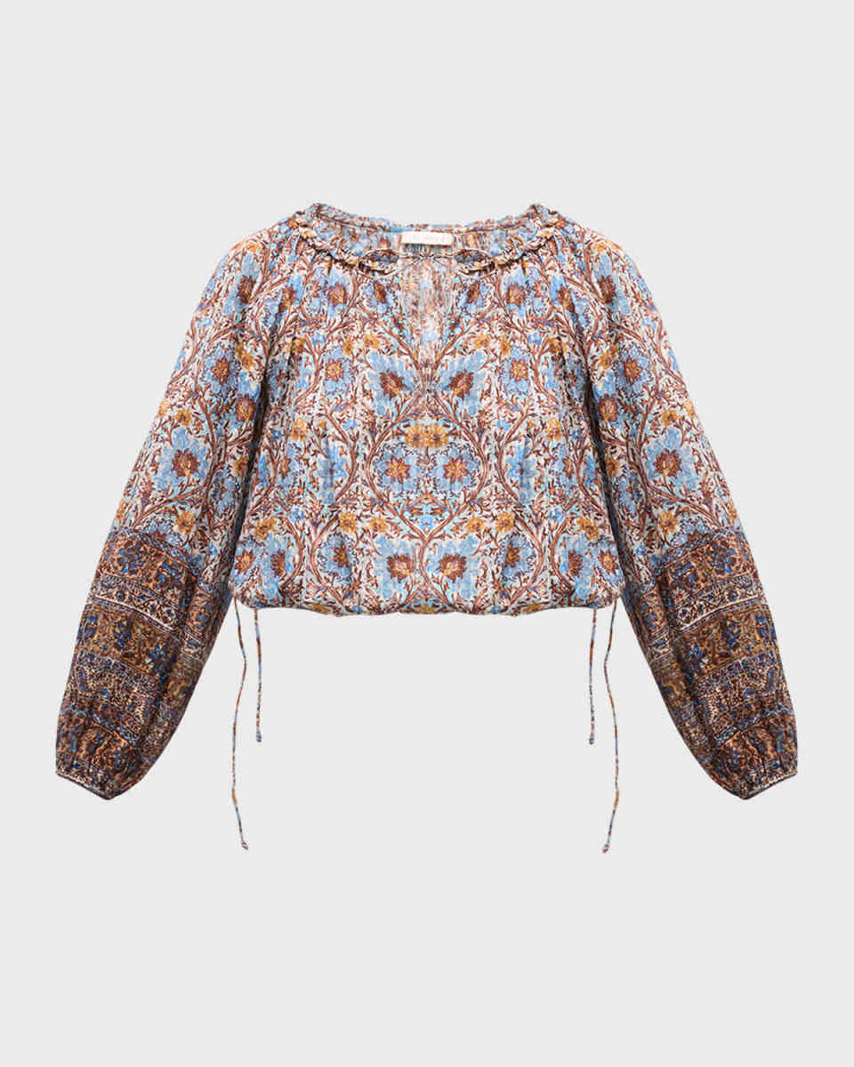 Silva Puff-Sleeve Split-Neck Peasant Blouse