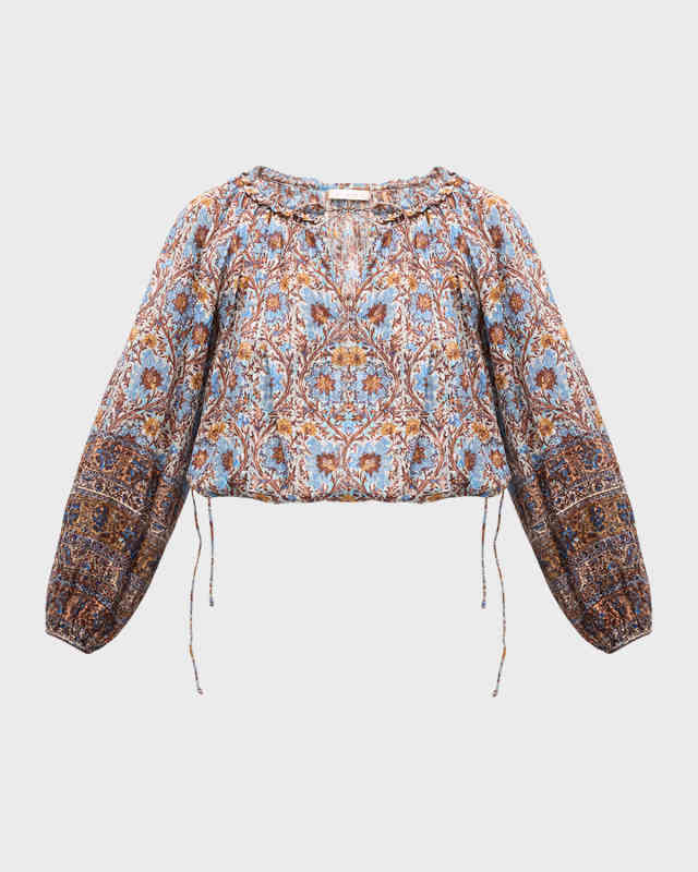 Silva Puff-Sleeve Split-Neck Peasant Blouse