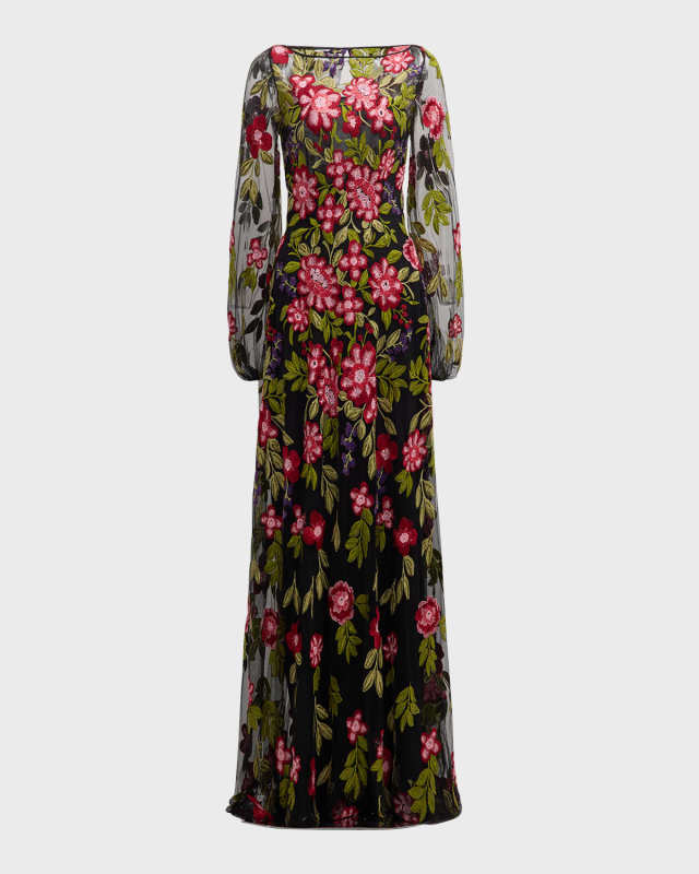 Sequined Floral Lace Long-Sleeve Gown
