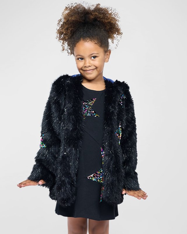 Girl's Embellished Star-Print Faux Fur Jacket, Size 4-10