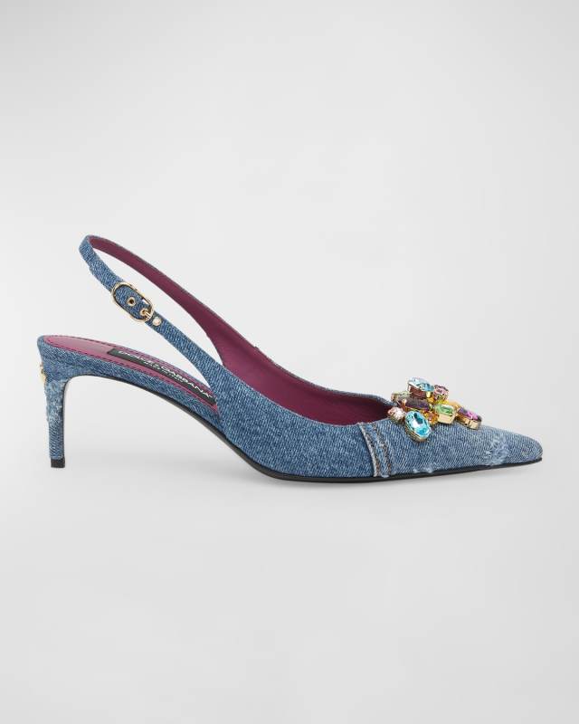 Denim Crystal Slingback Pumps
