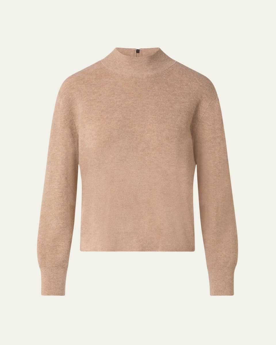 Mock-Neck Ribbed Wool Sweater