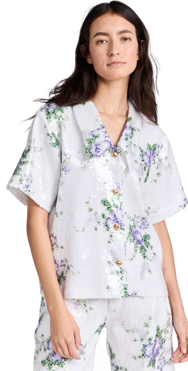 Tanner Fletcher Joyce Sequin Button Down Shirt White Floral Sequin