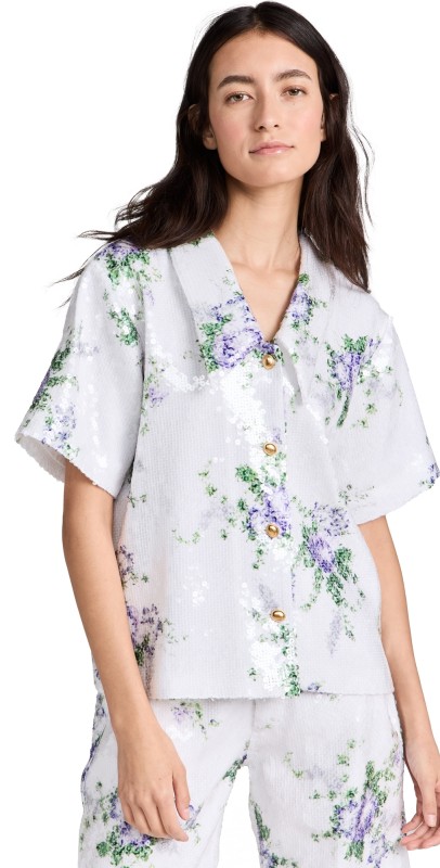 Tanner Fletcher Joyce Sequin Button Down Shirt White Floral Sequin