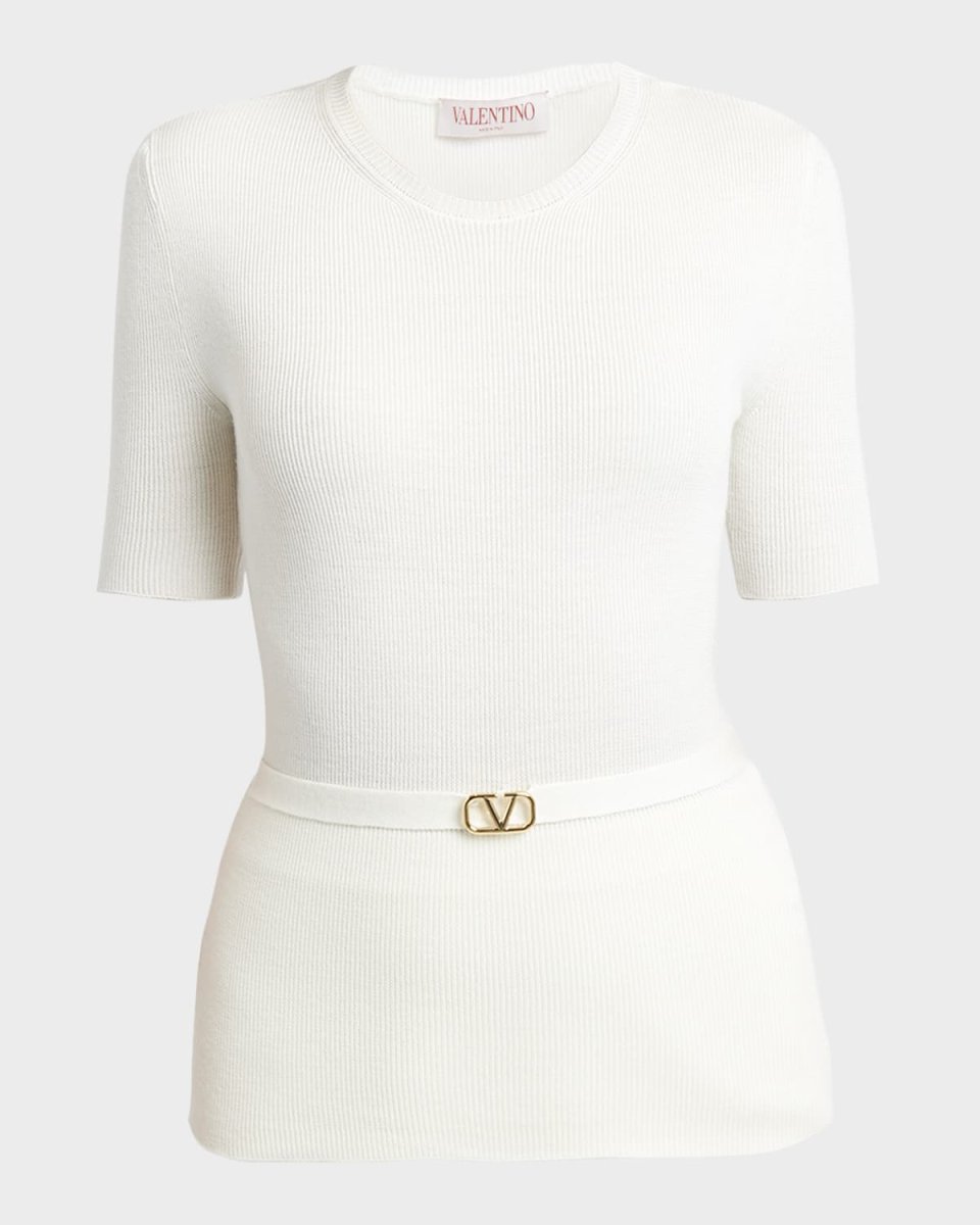 V-Logo Belted Short-Sleeve Rib Sweater