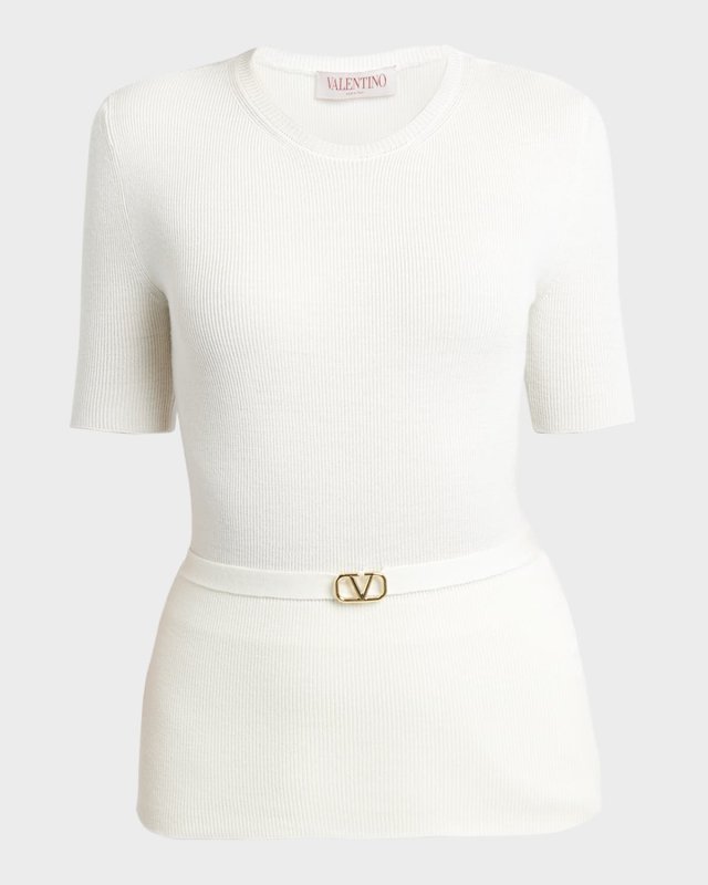 V-Logo Belted Short-Sleeve Rib Sweater