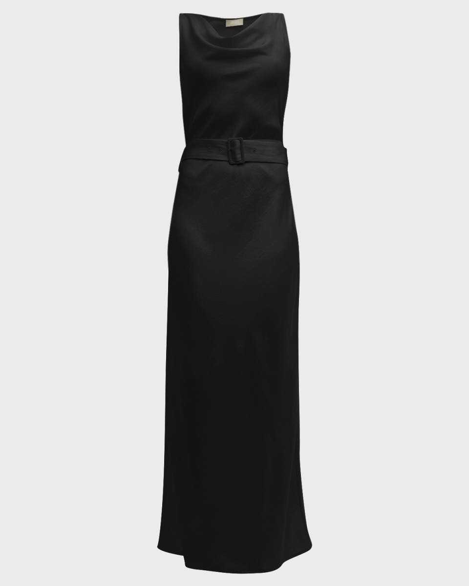 Cowl-Neck Textured Satin Bias Belted Maxi Dress