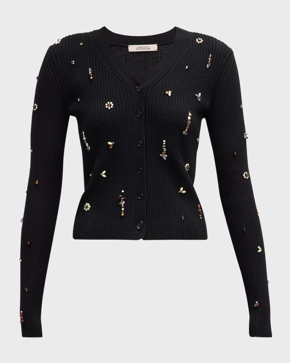 Embellished Merino Beaded Ribbed Cardigan