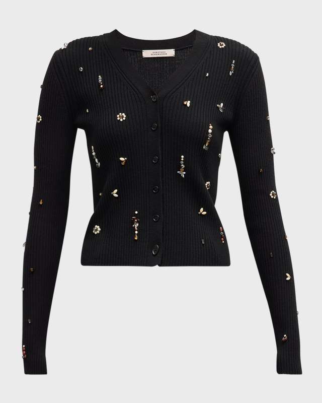 Embellished Merino Beaded Ribbed Cardigan