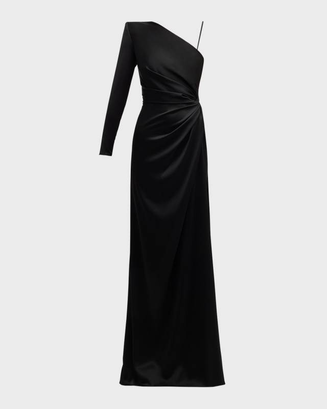 One-Shoulder Long-Sleeve Twist Slit Satin Crepe Gown