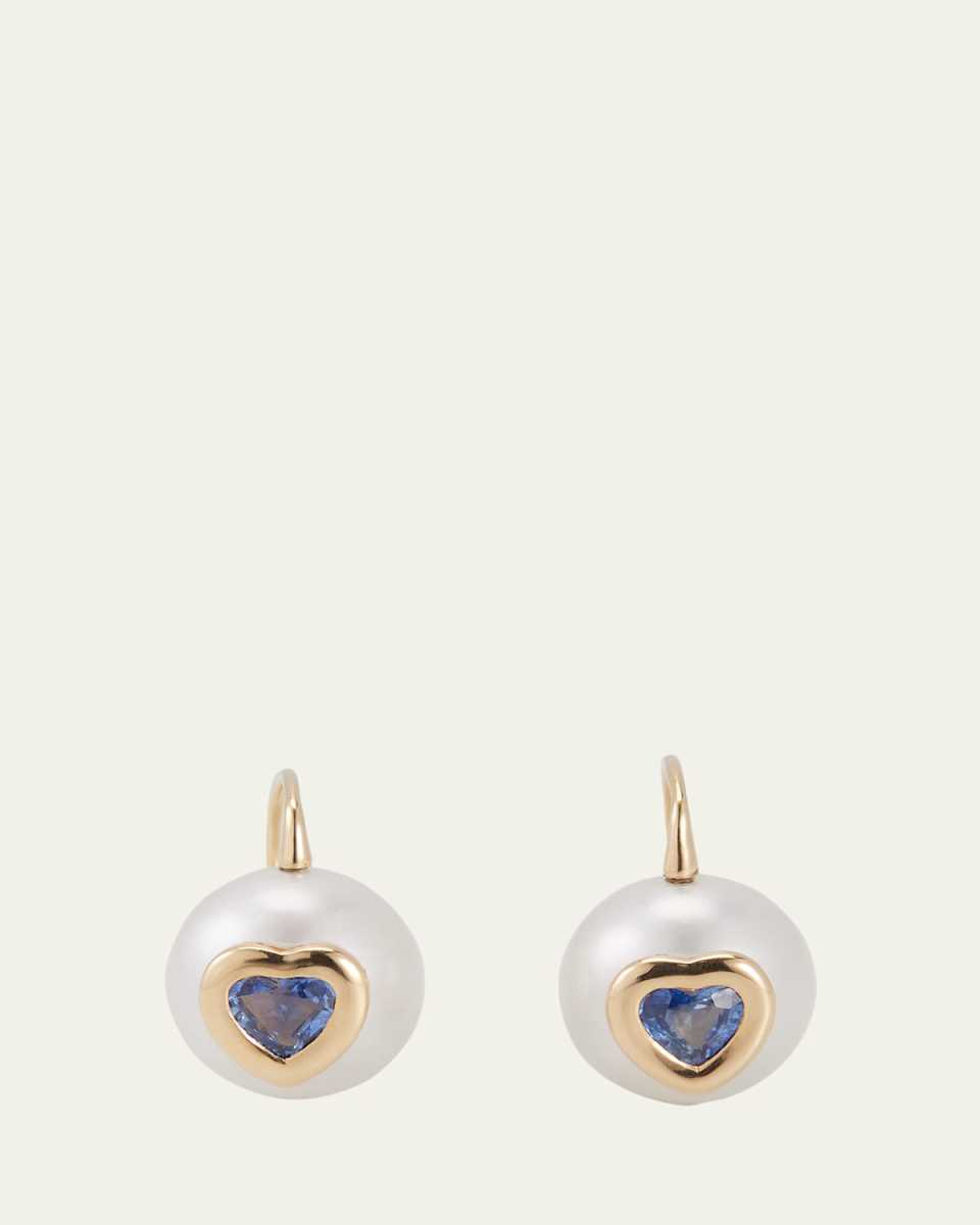 18K Sapphire Heart and Pearl Drop Earrings