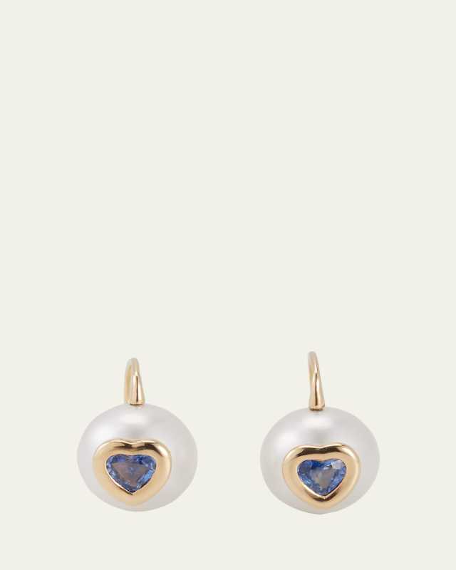 18K Sapphire Heart and Pearl Drop Earrings
